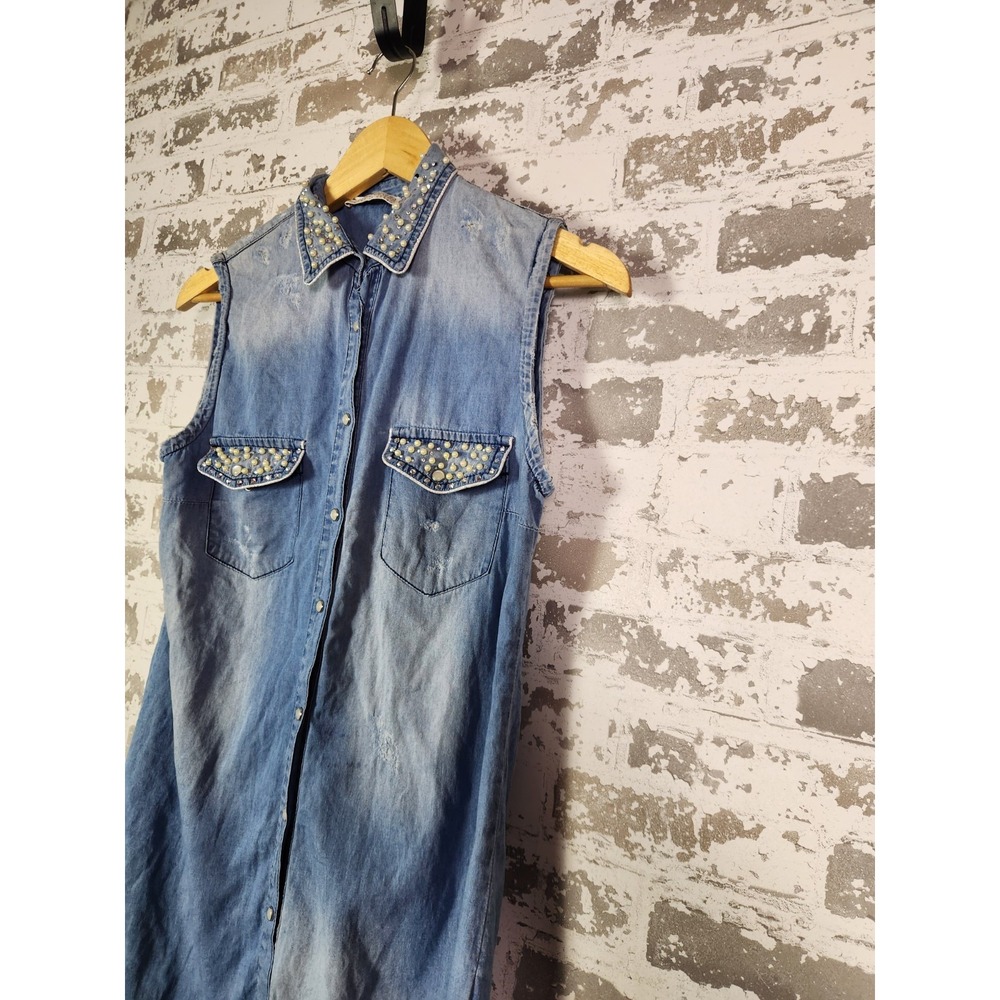 Denim Rhinestone Shirt Size Small Blue‎ Embellished Distressed Country Cowgirl - Picture 5 of 16